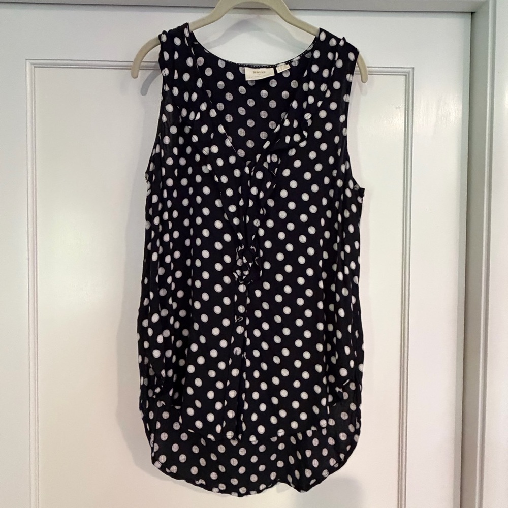 Maeve Anthropologie Sleeveless Black Polka Dot Blouse ruffle top